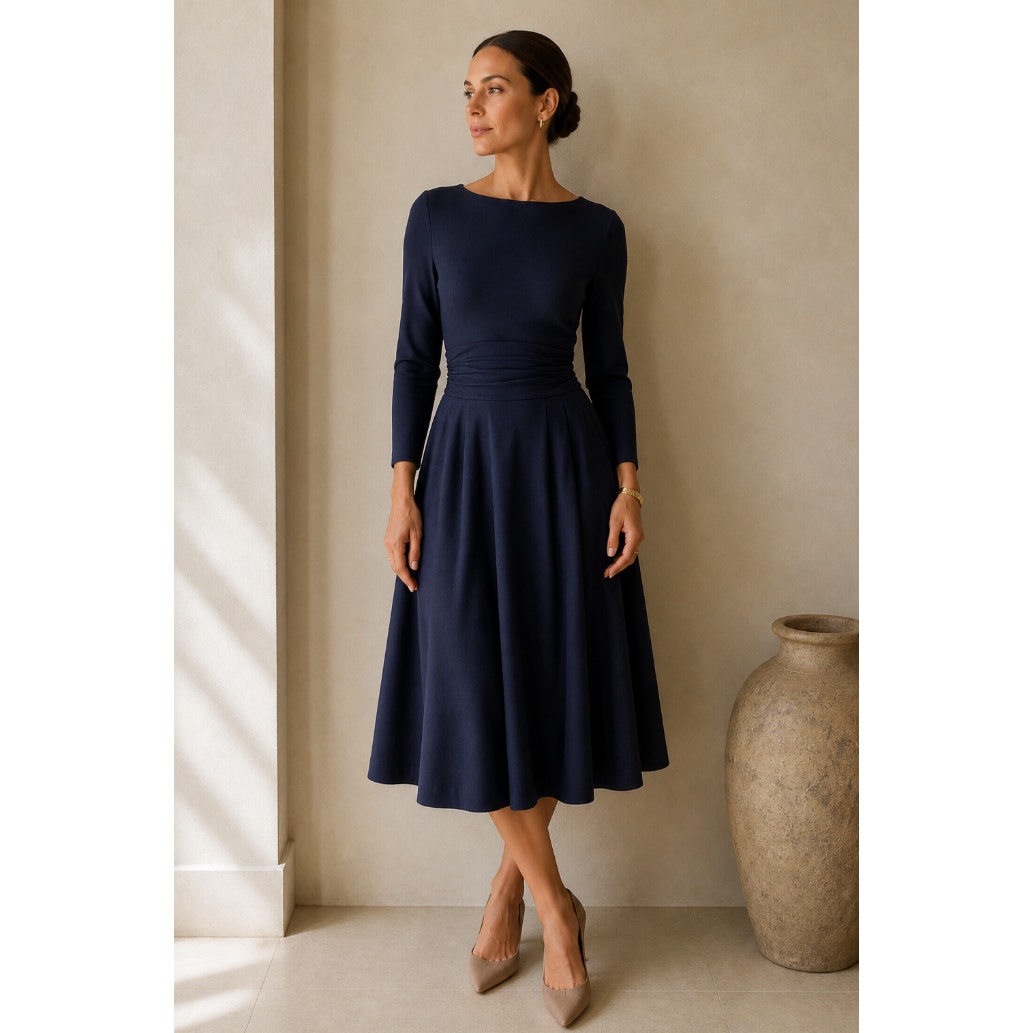 The Fold London Camelot Knit Midi Dress Indigo Blue Sz 12 $795 {252}